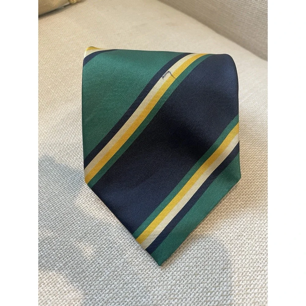 Gianni Versace Made In Italy Silk Tie Green Blue Yellow Striped Small Pen Mark‎